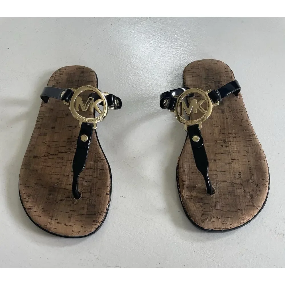 Michael Kors Women Black Logo Thong Sandals Slip On Jelly Summer Flip Flop Sz 7